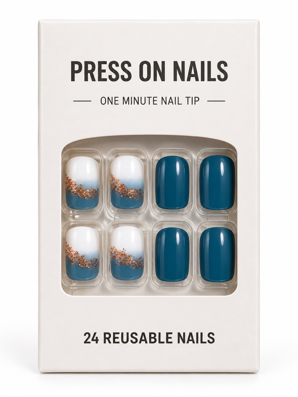 New Press On Nails - Teal & White with Gold Accent - 24 Reusable Nail Tips